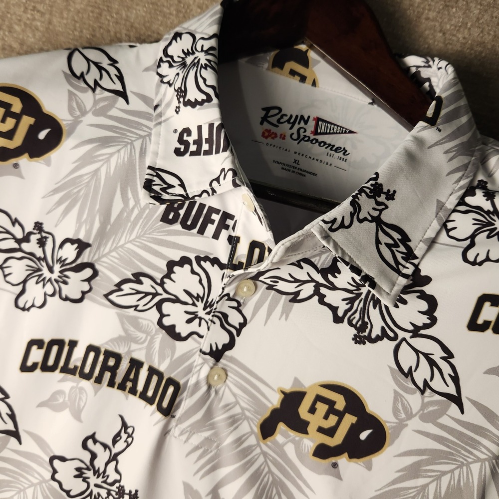 Reyn Spooner Polo Mens XL White Gold Colorado Buffaloes NCAA Floral Performance